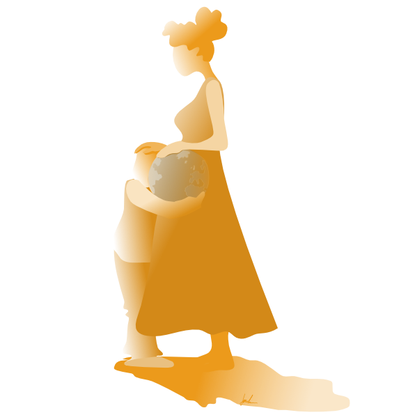 Femme qui enlace le monde ainsi que son enfant