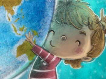 dessin représentant un petit garçon serrant la planète contre lui