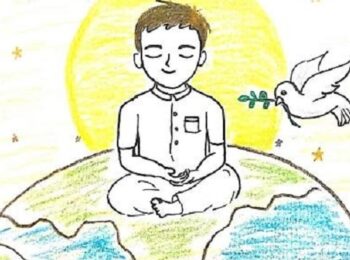 Dessin d'une personne en méditation au sommet du globe terrestre accompagnée d'une colombe