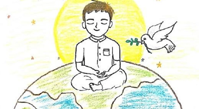 Dessin d'une personne en méditation au sommet du globe terrestre accompagnée d'une colombe