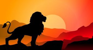 Dessin représentant la silhouette d'un lion sur fond de coucher de soleil