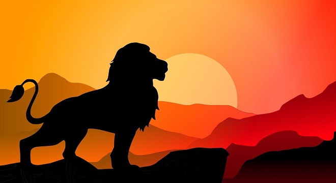 Dessin représentant la silhouette d'un lion sur fond de coucher de soleil