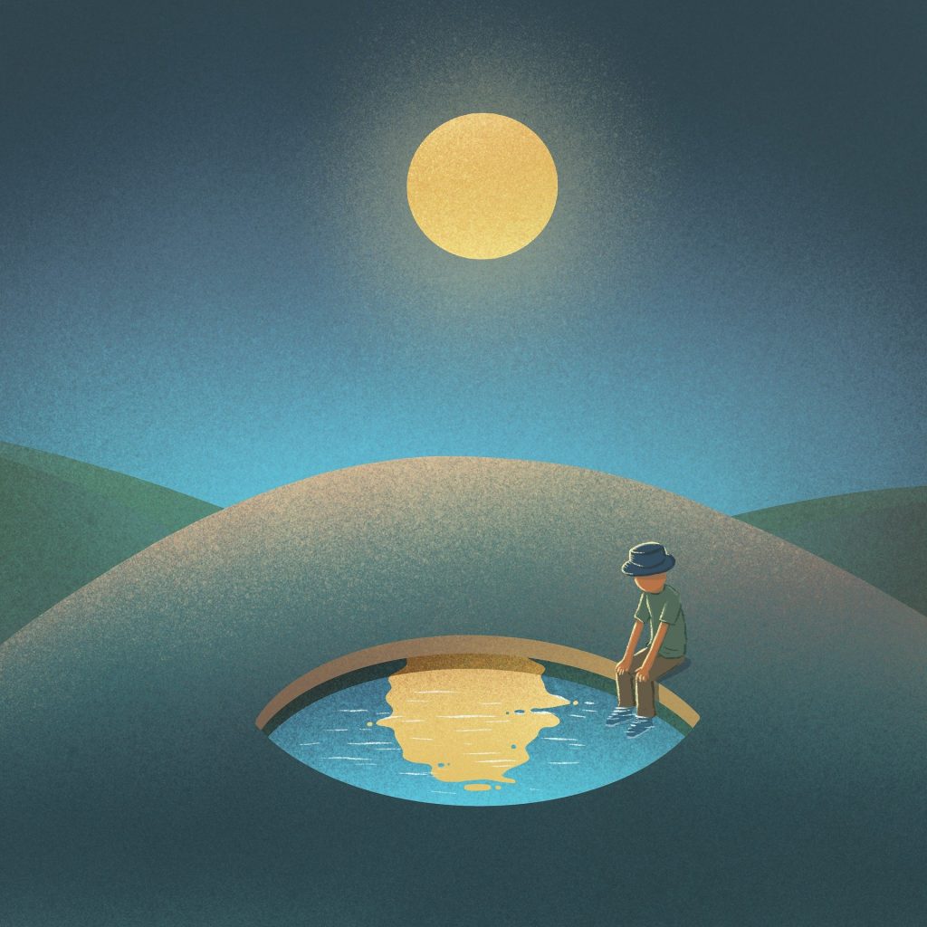 Dessin d'un pesronnage en train de regarder la lune dans une mare en forme d'oeil