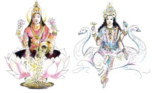 Dessins représentant deux déesses de la mythologie hindoue, Lakshmi et Gayatri