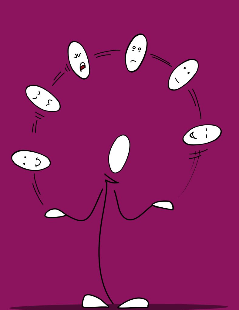 Un personnage qui jongle avec des têtes de différentes humeurs