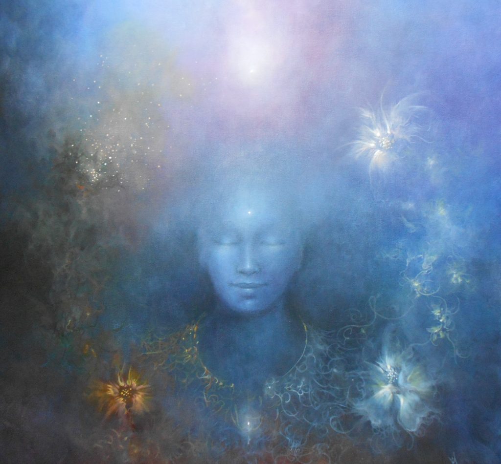 Peinture laissant deviner le buste d'une personne fondu dans un décor éthéré de couleur bleue
