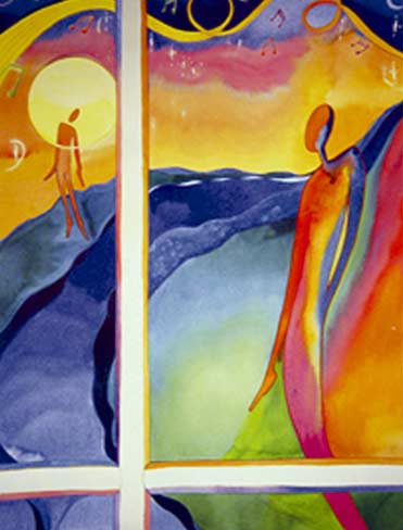 Peinture abstraite suggérant un paysage derrière une fenêtre