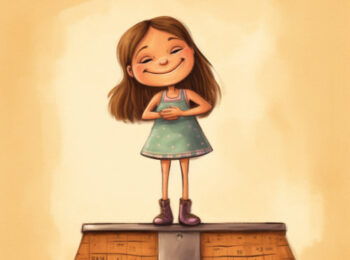 Dessin d'une jeune fille souriante sur un piédestal