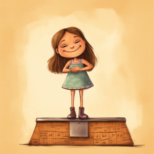 Dessin d'une jeune fille souriante sur un piédestal