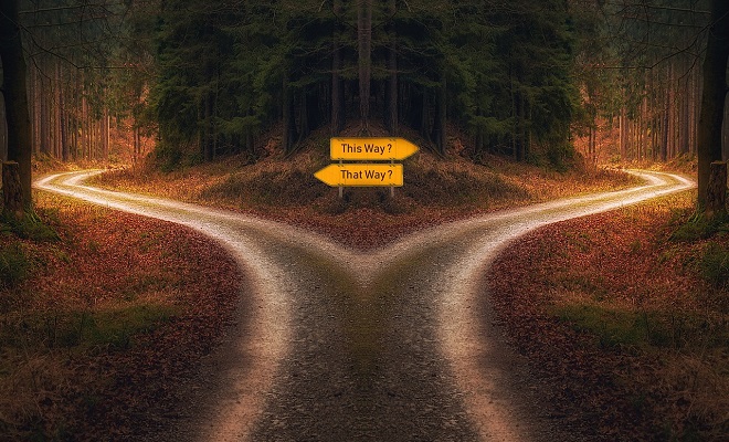 Un chemin qui se sépare en deux avec des panneaux incitant à faire un choix de direction à prendre