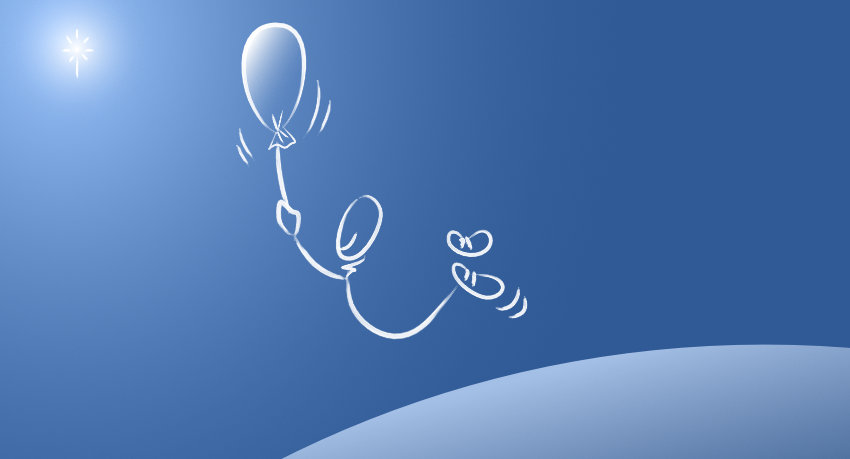 Un bonhomme qui s'envole grâce à un ballon