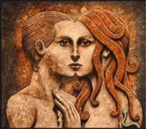 Peinture représentant un visage féminin et un visage masculin fondus l'un dans l'autre