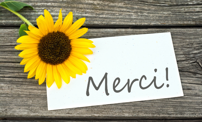 Une fleur de tournesol accompagnant un message avec l'inscription "merci"