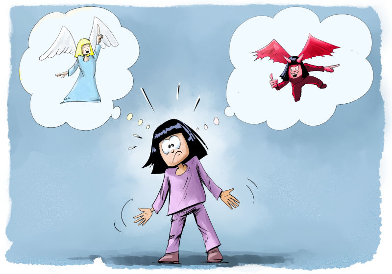 Dessin d'une fille avec deux bulles au-dessus d'elle, dans lesquelles on voit la fillette en ange et en diable