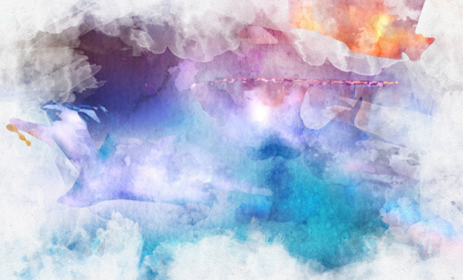 Oeuvre abstraite à l'aquarelle dont la couleur prédominante est le bleu