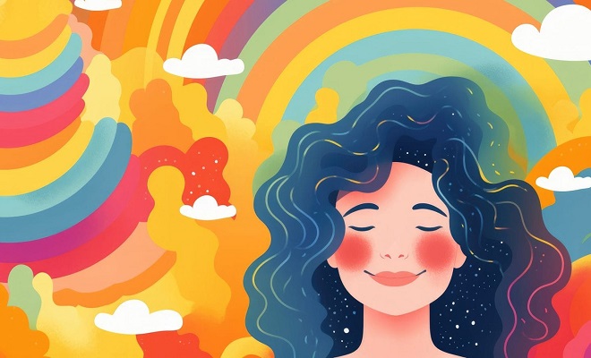 Dessin d'une femme les yeux fermés au visage souriant entourée d'un paysage fait de couleurs
