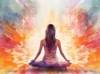 Image d'une femme de dos en méditation d'où émane beaucoup de lumière