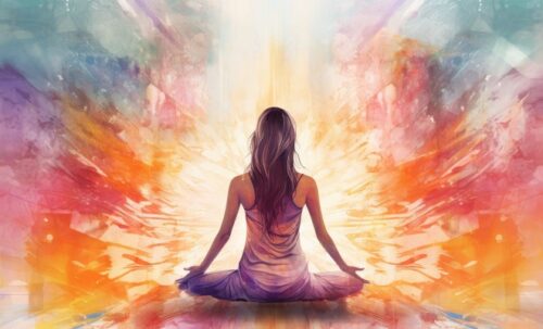Image d'une femme de dos en méditation d'où émane beaucoup de lumière