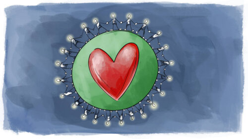 Dessin : des humains qui se donnent la main autour d'un coeur