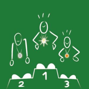Dessin de trois personnages sur un podium