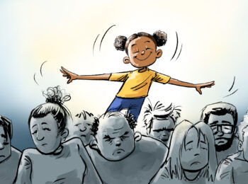 Petite fille solaire qui apparaît derrière des gens tristes