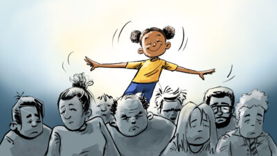 Petite fille solaire qui apparaît derrière des gens tristes