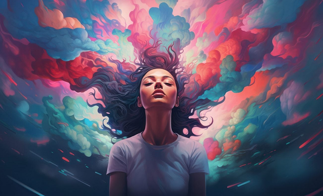 Dessin artistique d'une femme en méditation d'où émanent comme des vapeurs colorées montrant la méditation telle un feu.