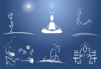 Illustrations représentant plusieurs position de méditations face à différentes postures de fatigue