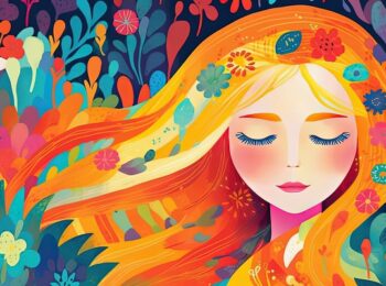 Dessin très coloré d'un visage de femme les yeux fermés dans un paysage de fleur multicolores