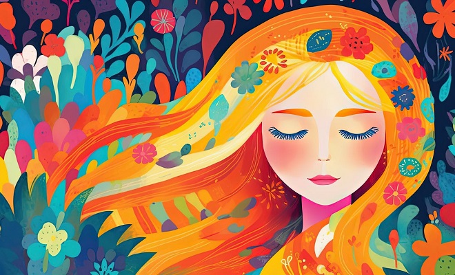 Dessin très coloré d'un visage de femme les yeux fermés dans un paysage de fleur multicolores