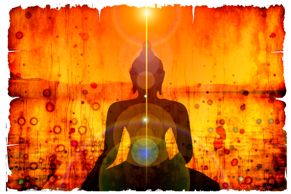 Yogi stylisé sur fond rouge orangé