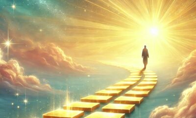 Dans un décor céleste, un personnage sur un chemin en pavé d'or se dirigeant vers une lumière étincelante