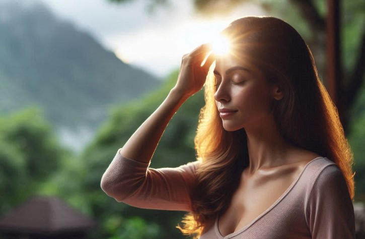 Une femme, l'air concentré et sereine, un halo de lumière au niveau du front