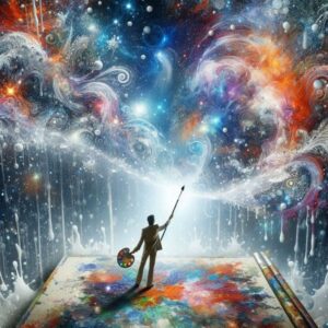 Un artiste tenant une palette et un pinceau, en train de peindre le ciel dans un univers fantasmagorique