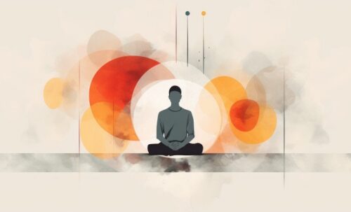 Dessin d'un homme en train de méditer entouré de cercle lumineux de différentes couleurs