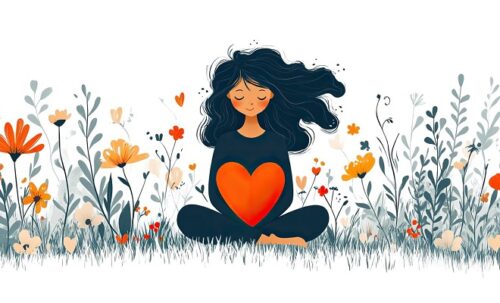 Dessin d'une femme en train de méditer avec un coeur dans ses bras parmi les fleurs