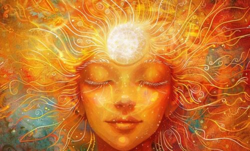 Dessin d'un visage de femme avec un chakra rayonnant au niveau du front