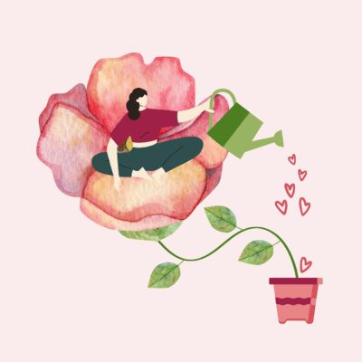 femme qui arrose plante avec amour