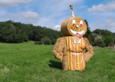 Un bonhomme en paille, dans une prairie