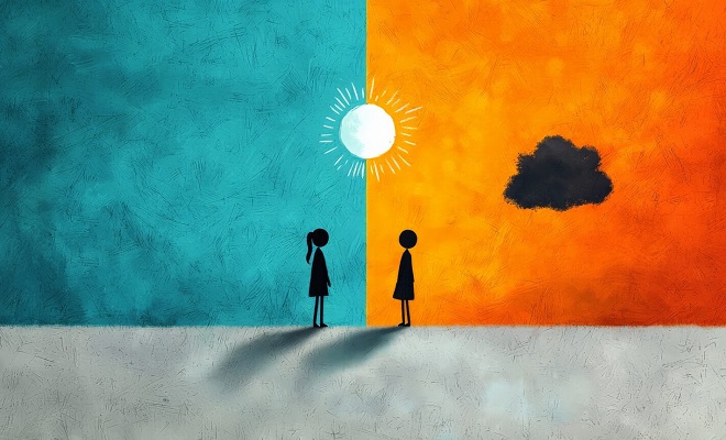 Dessin de deux personnages dont l'un est se trouve à coté d'un nuage comme pour signaler qu'il est sous de mauvais auspices