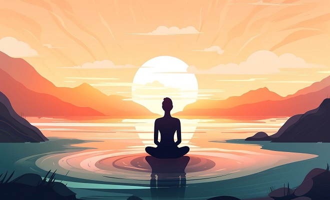 Dessin d'un personnage de dos en méditation devant un lever de soleil