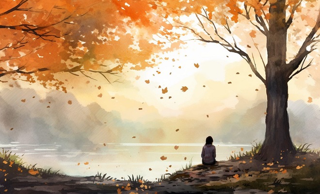 Dessin d'une personne en train de méditer sous un arbre qui perd ses feuilles à l'automne