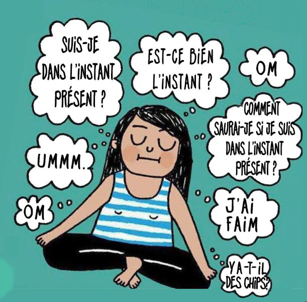 Dessin humoristique d'une petite fille qui essaie de méditer mais qui a du mal