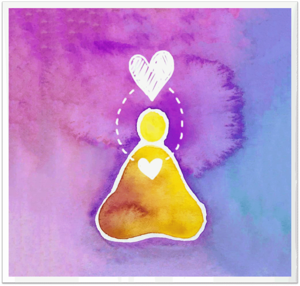 Une silhouette en aquarelle, avec un coeur sur la poitrine et un coeur au dessus de la tête, tous deux reliés ensembles.