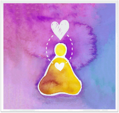 Une silhouette en aquarelle, avec un coeur sur la poitrine et un coeur au dessus de la tête, tous deux reliés ensembles.