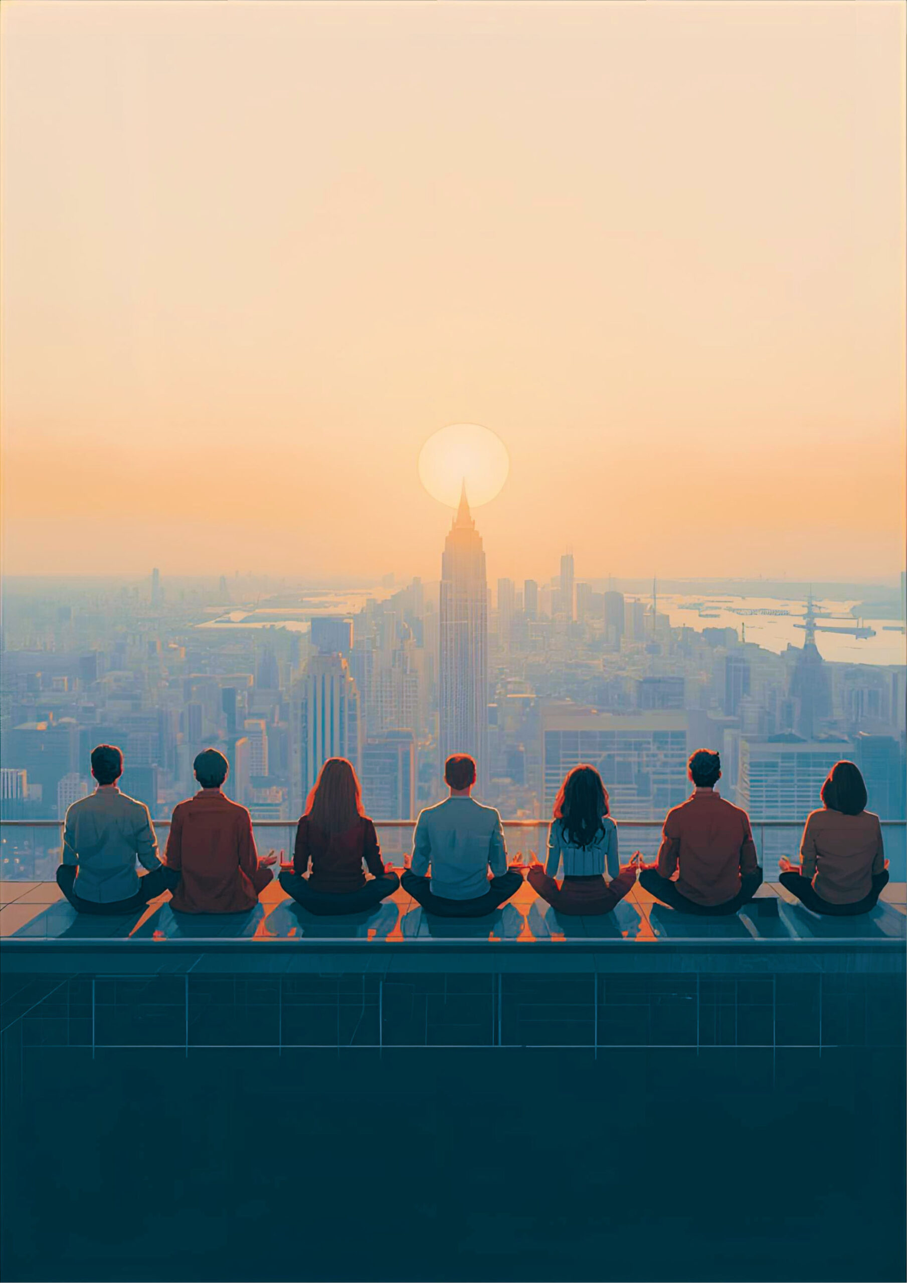 Groupe de personnes méditant depuis un toit, en direction de la ville