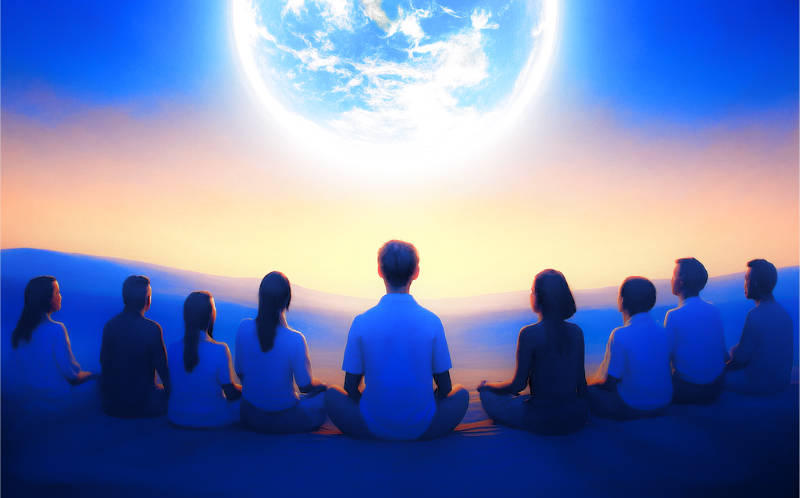 Groupe de personnes méditant en face de la terre