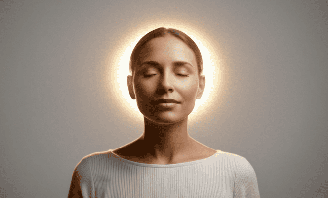 Une femme les yeux fermés avec autour de sa tête une lumière dorée comme un halo