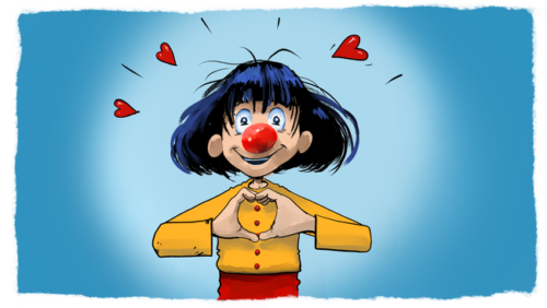 Un clown qui fait un signe de coeur avec ses mains