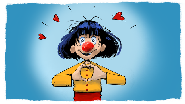 Un clow qui fait un signe de coeur avec ses mains